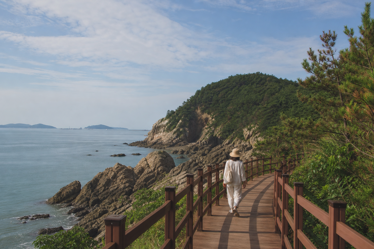 제부도 제비꼬리길 해안 데크를 걷는 혼자 여행자