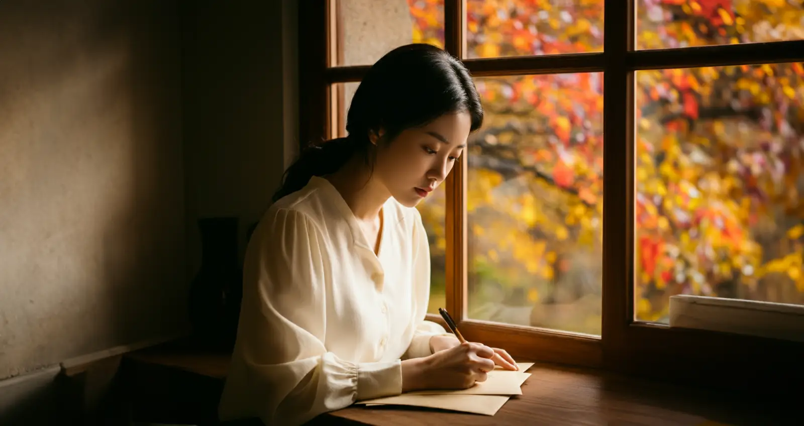 창가에서 글을 쓰는 여성