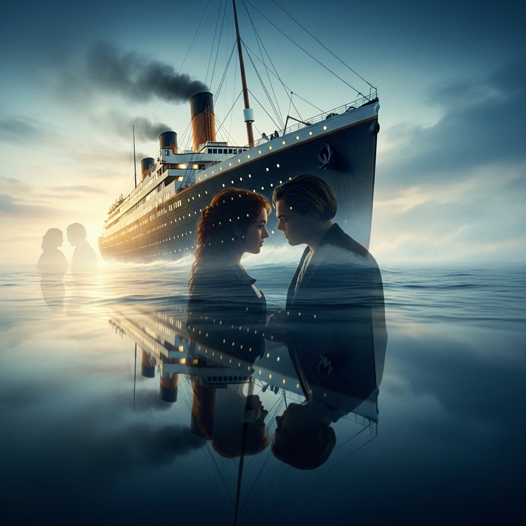 2025년에 재조명된 영화 타이타닉의 상징적인 장면. 웅장한 타이타닉호가 바다에 떠 있고, 그 앞에는 로즈와 잭의 실루엣이 비쳐 시대를 초월한 사랑과 비극을 상징합니다. 파란색과 회색 톤이 주를 이루며 깊은 감성을 표현합니다.