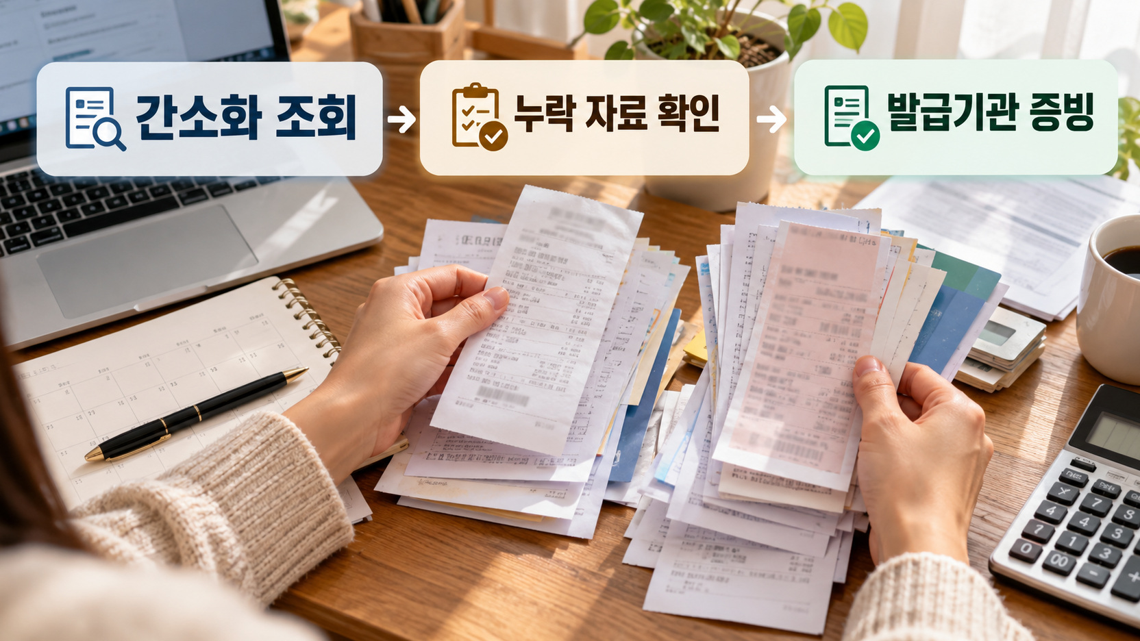 계산기와 영수증을 정리하는 실사 책상 위에 간소화 조회에서 누락 자료 확인을 거쳐 발급기관 증빙으로 이어지는 절차를 표시한 인포그래픽