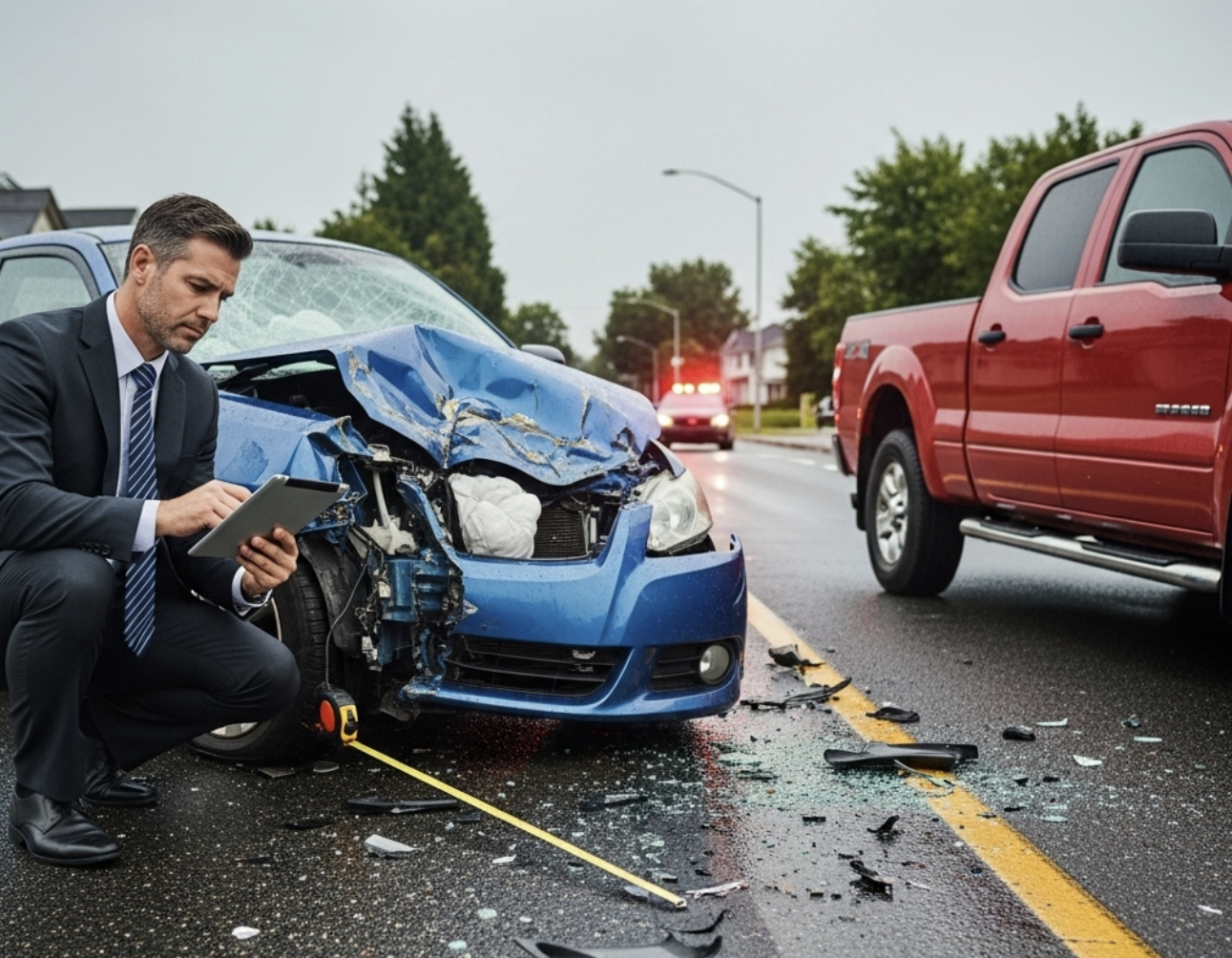 사고현장을 보험사 직원이 살펴보는 모습