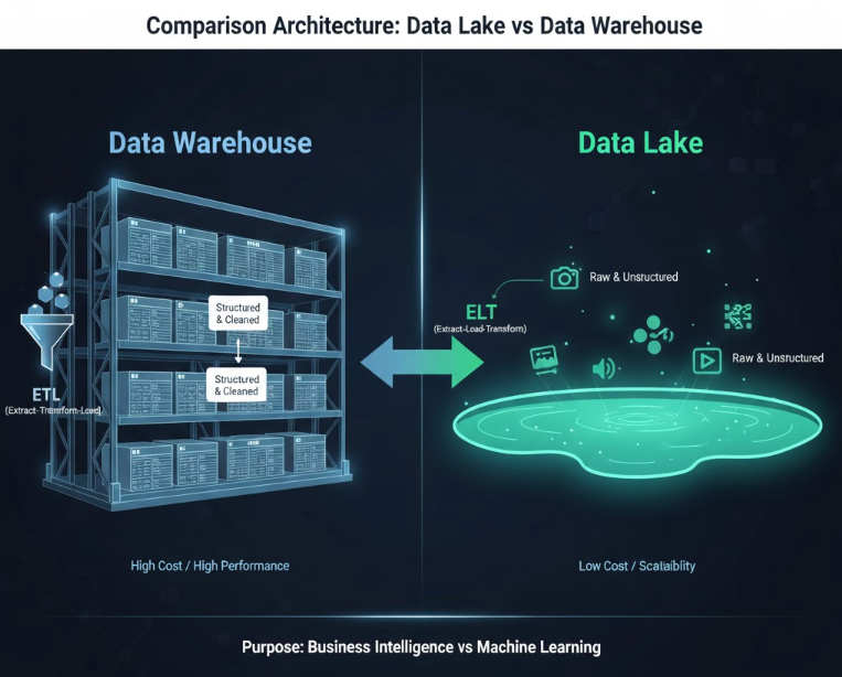 데이터 웨어하우스의 정제된 정형 데이터 구조와 데이터 레이크의 가공되지 않은 원시 데이터 구조를 비교하고, ETL과 ELT 처리 방식의 차이점을 설명하는 데이터 아키텍처 인포그래픽 이미지.
