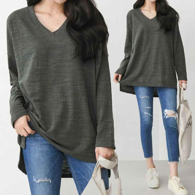 여성 긴팔 브이넥티셔츠 빅사이즈 루즈핏 박스 롱티