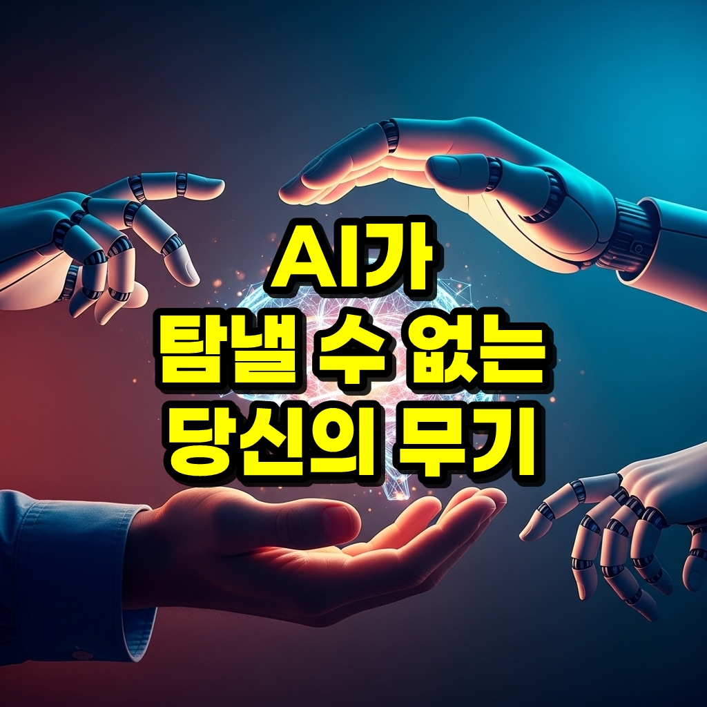 AI가 닿을 수 없는 인간의 뇌를 손으로 감싸는 모습으로, AI 시대 인간 고유의 소프트 스킬을 상징하는 썸네일 이미지.