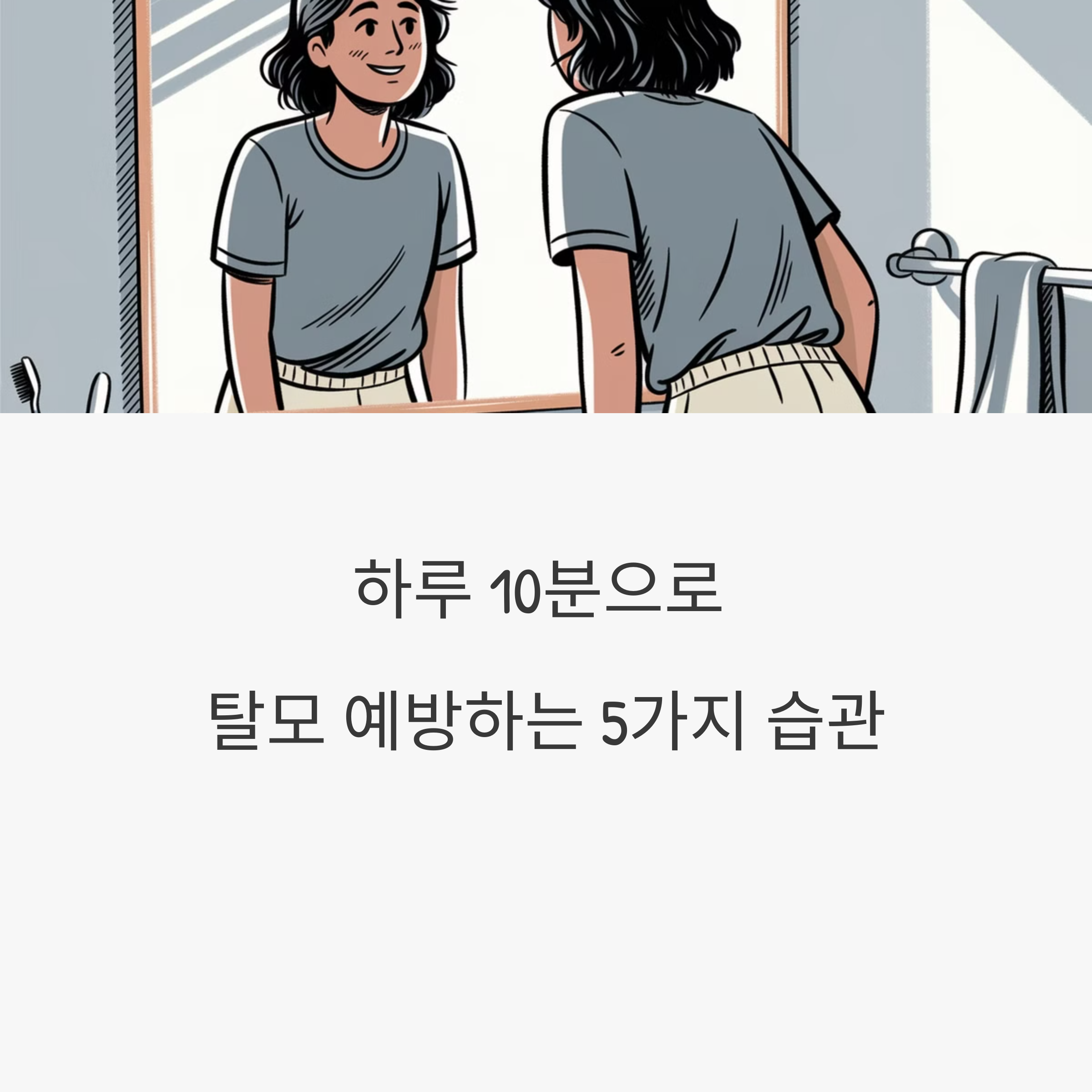 거울을 보며 머리카락을 확인하는 여자 이미지