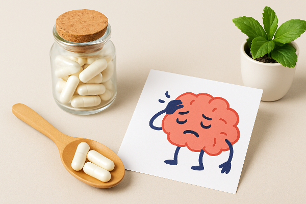 장건강 영양제, 만화 뇌 일러스트, 식물로 구성된 브레인포그 완화 관련 이미지