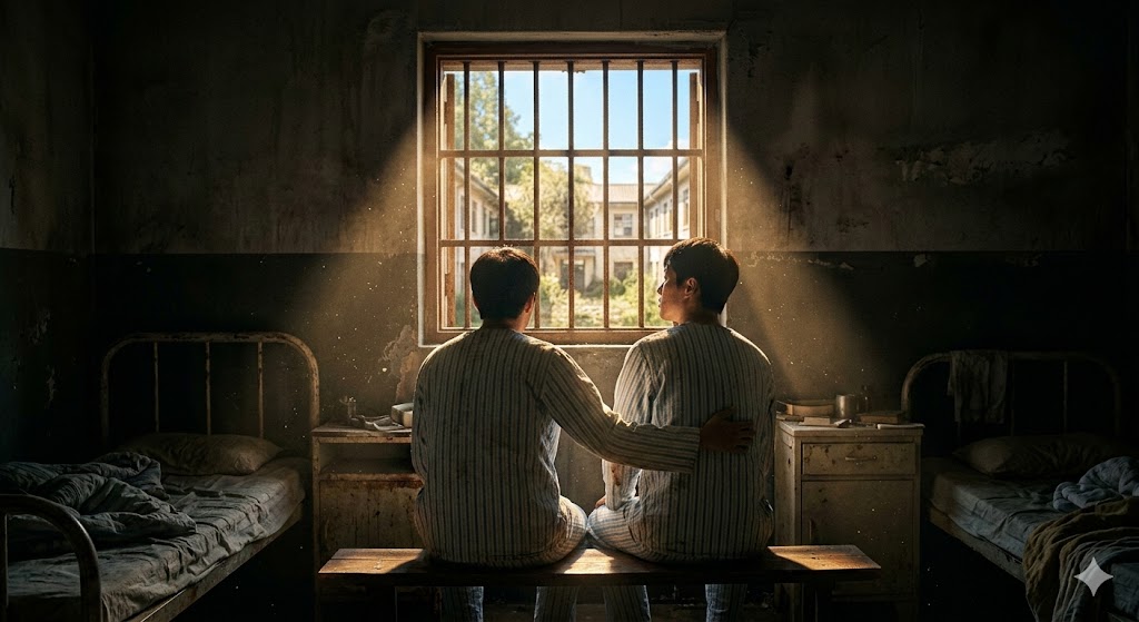Back view of two young men in a dark hospital room looking out at a beam of light