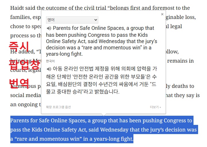 팝업창에 번역본 보임