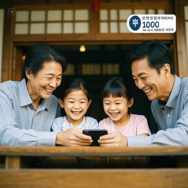 따뜻한 가정에서 가족이 스마트폰으로 복지로 앱을 보며 웃는 장면. 배경에 10만 원 지원금 그래픽과 한국 전통 문양, 희망적이고 안정적인 분위기