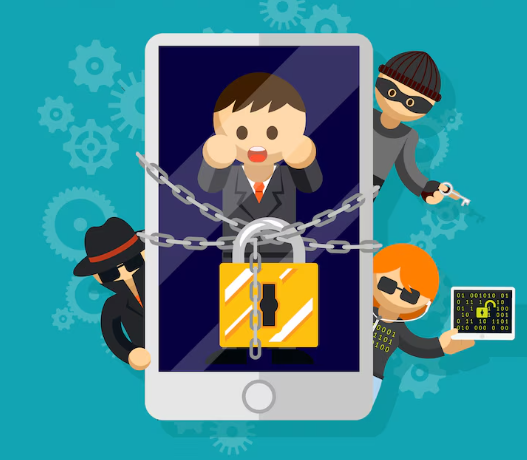 핸드폰이 해킹 당해서 당황하는 사람과 정보를 빼가는 헤커들