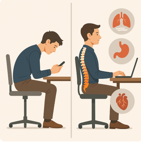 잘못된 자세와 올바른 자세의 비교 및 그로 인한 호흡·소화·순환 건강의 차이를 나타내는 이미지