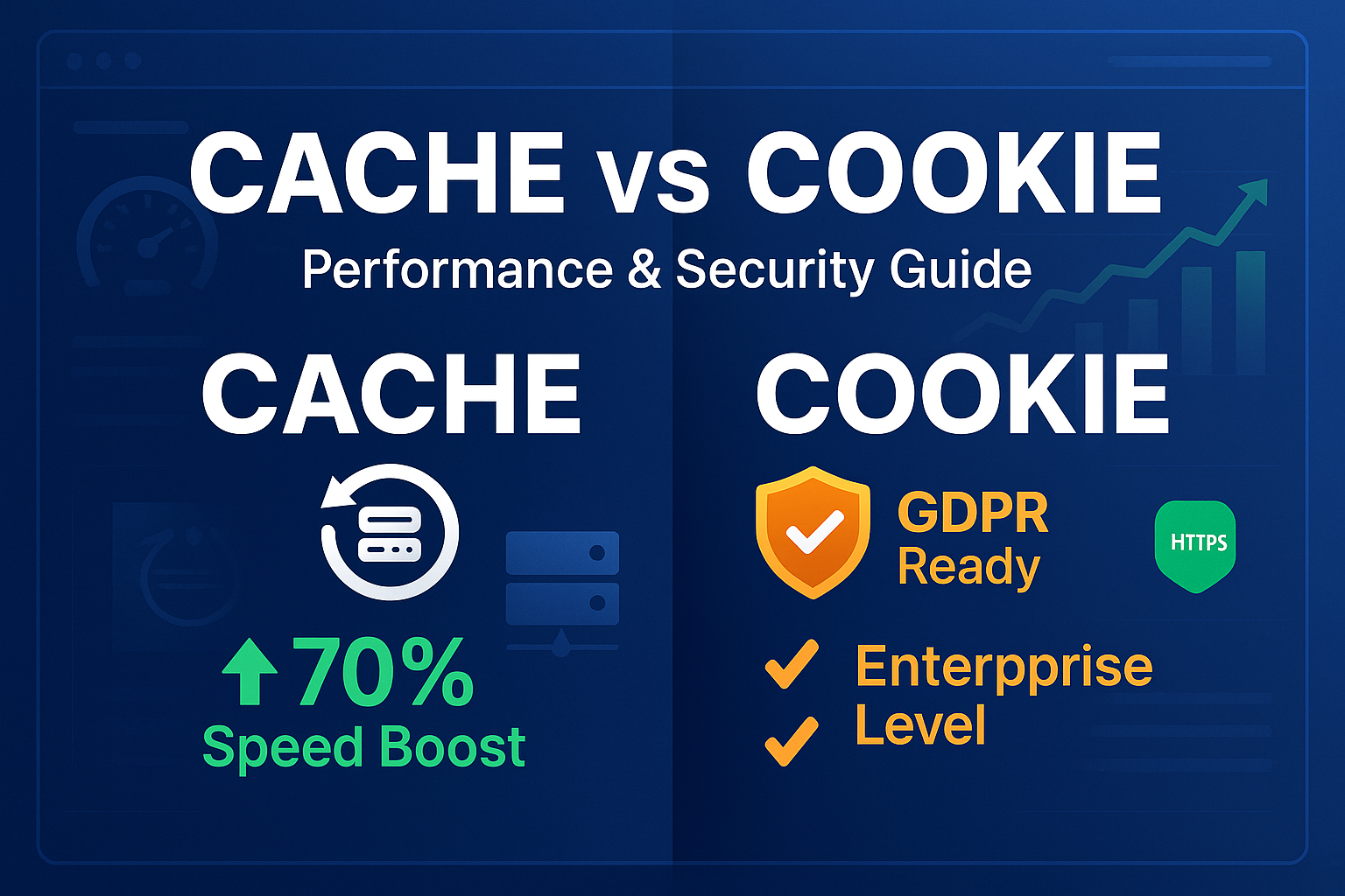 Professional web development guide showing cache vs cookie performance comparison with security metrics and optimization strategies