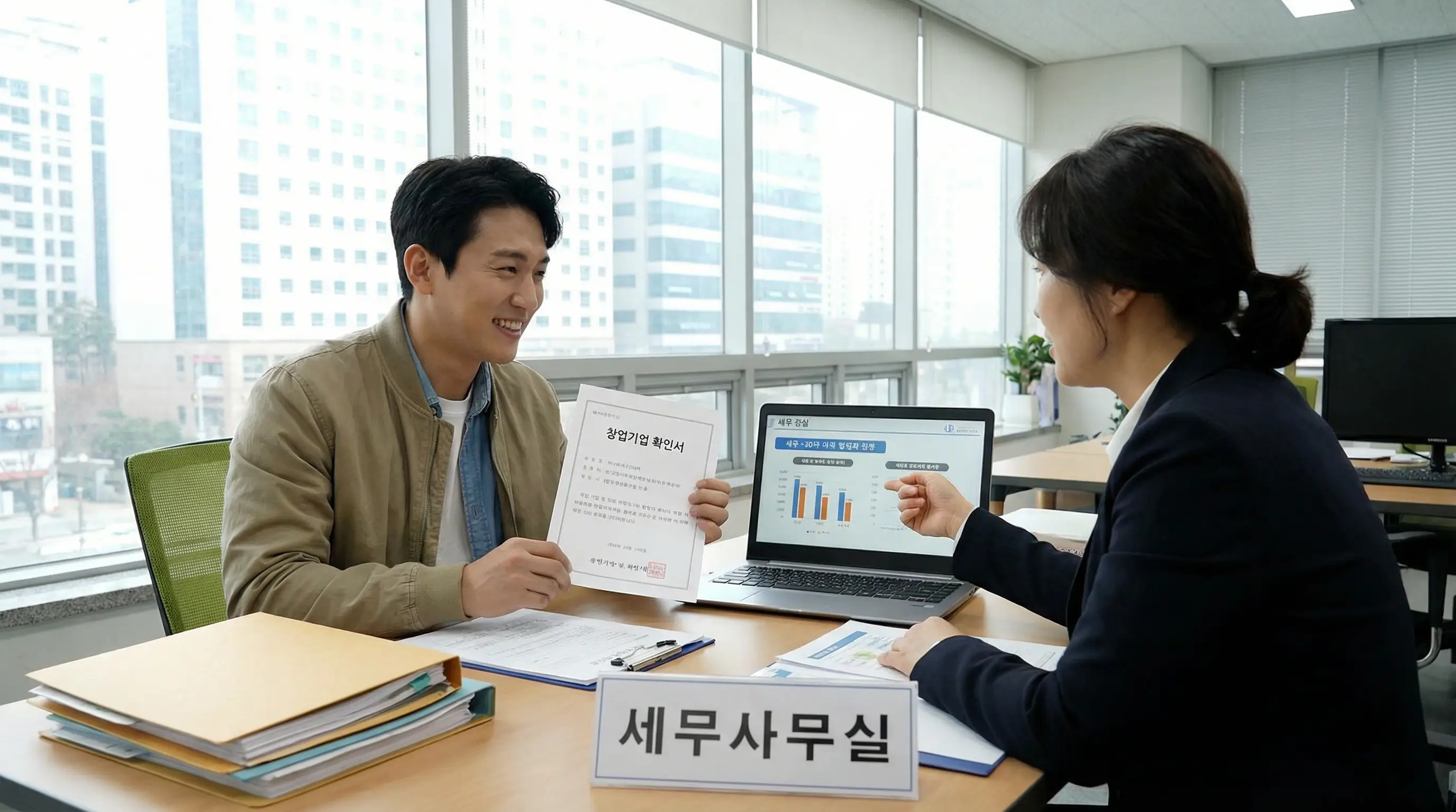 세무 사무실에서 창업기업 확인서를 발급받고 세금 감면 혜택을 상담받는 창업가의 모습