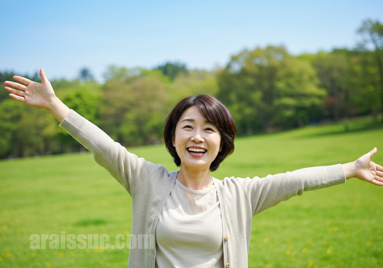 푸른 잔디밭과 맑은 하늘 아래에서 두 팔을 벌리고 환하게 웃고 있는 중년 여성. 자연 속에서 활기찬 에너지를 느끼는 모습이 인상적이다