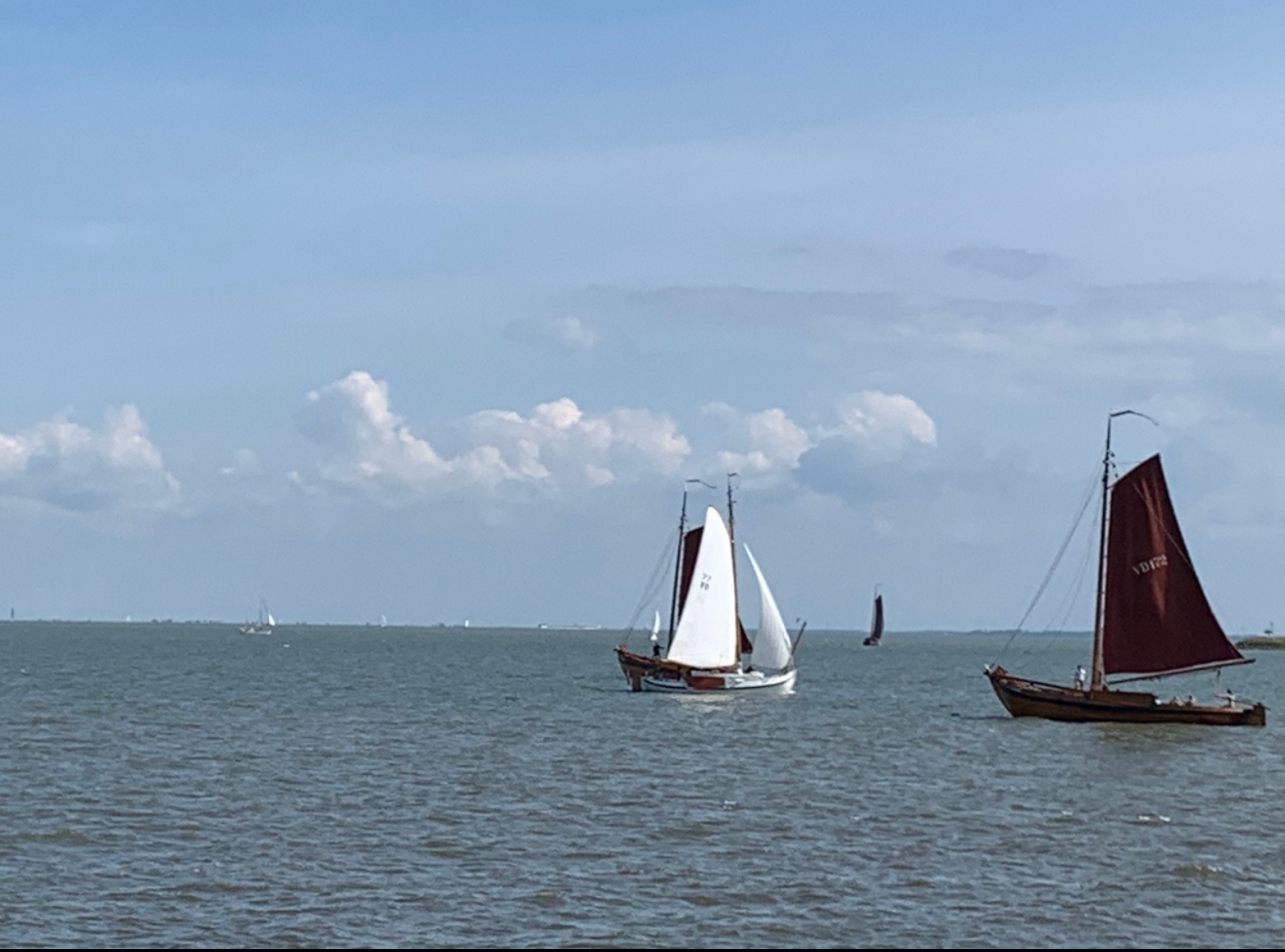 아름다운 볼렌담 바다에 떠있는 돗단배 모습
