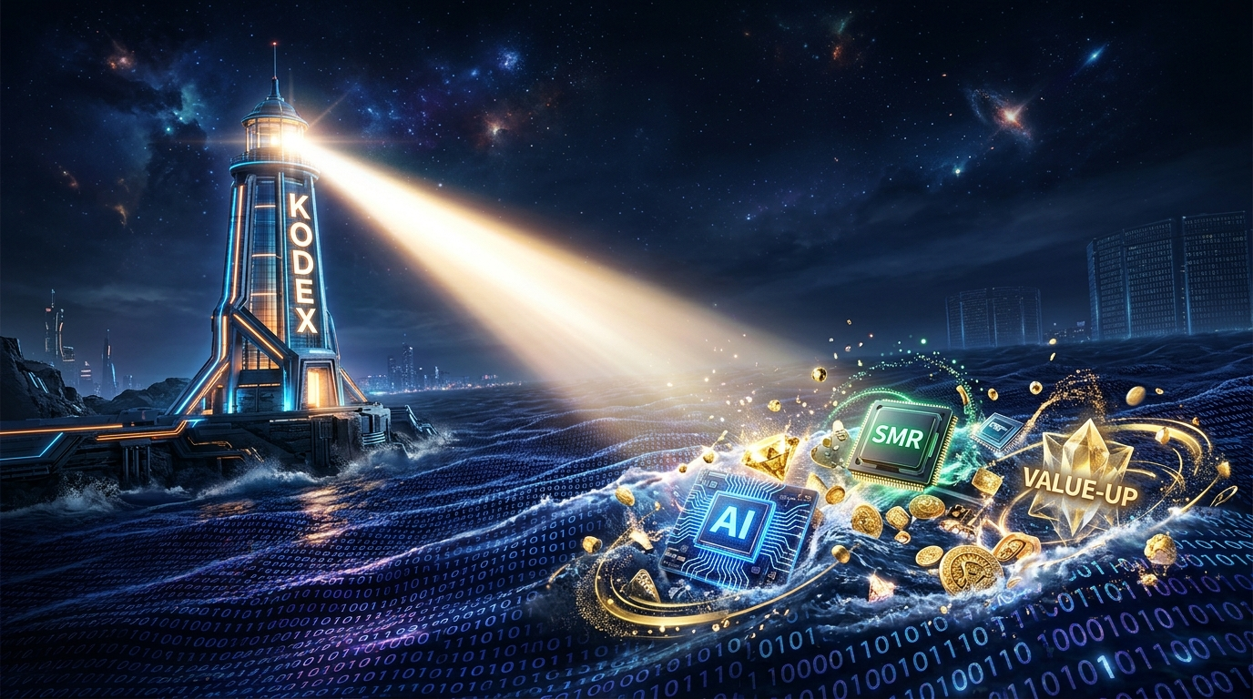 데이터의 바다 위에서 등대(KODEX)가 빛을 비추자 코스피 6,000 시대의 숨은 보석들이 떠오르는 모습