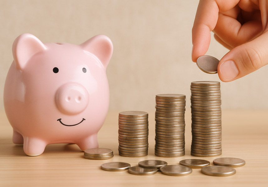 저금통에 동전을 넣으며 저축을 시작하는 모습