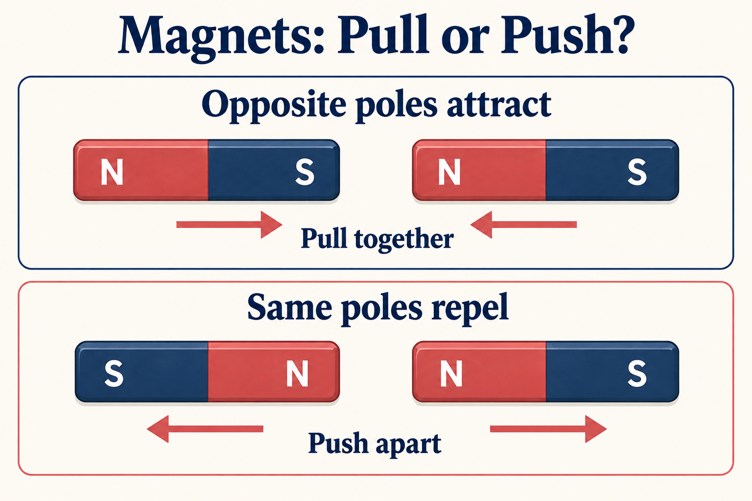 Two pairs of bar magnets: opposite S and N poles attract; matching N poles repel.