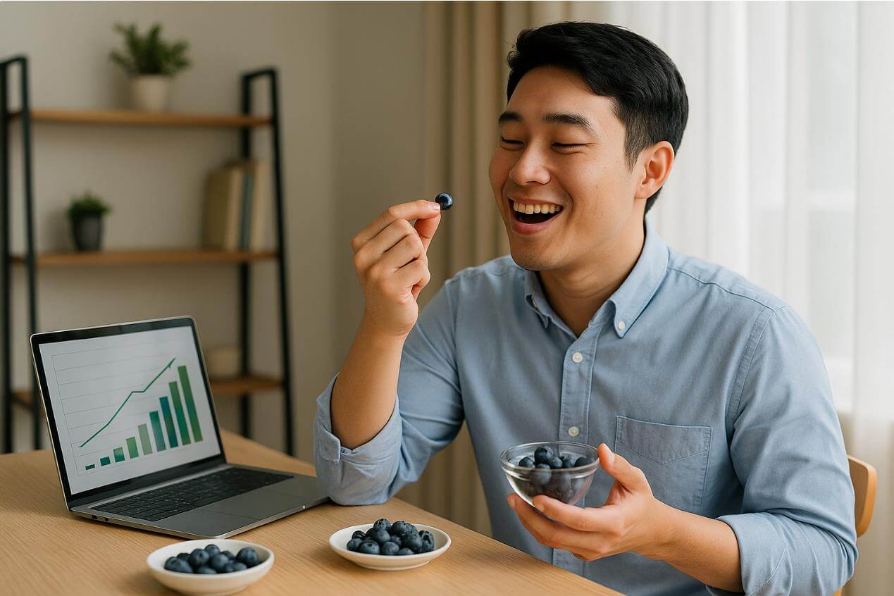 노트북 그래프를 보며 블루베리를 즐겁게 먹는 청년의 모습.