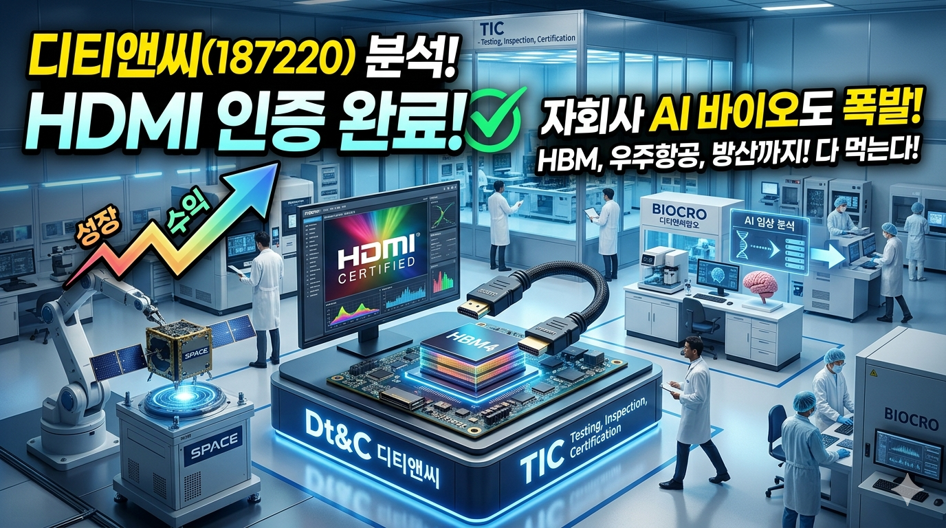 디티앤씨(Dt&amp;C)의 첨단 시험인증(TIC) 연구소 전경을 배경으로 한 실전 투자 분석 썸네일. 상단에는 노란색과 흰색 강조 텍스트로 '디티앤씨(187220) 분석! HDMI 인증 완료!', '자회사 AI 바이오도 폭발! HBM, 우주항공, 방산까지! 다 먹는다!'라는 클릭률 최적화 문구가 배치되어 있다. 중앙에는 'HBM4' 칩 스택과 'HDMI CERTIFIED' 인증 도장이 찍힌 모니터, 그리고 케이블이 연결된 모습이 보인다. 왼쪽에는 우주항공 분야를 상징하는 위성 모형과 '성장', '수익' 상승 화살표가 있으며, 오른쪽에는 자회사 디티앤씨알오(BIOCRO)의 'AI 임상 분석' 실험실 장면이 묘사되어 있다. 연구소 바닥에는 'Dt&amp;C 디티앤씨', 'TIC' 로고가 새겨져 있으며, 전체적으로 파란색과 노란색을 활용하여 기술력과 수익 성장을 강조한 정보 가득한 썸네일.