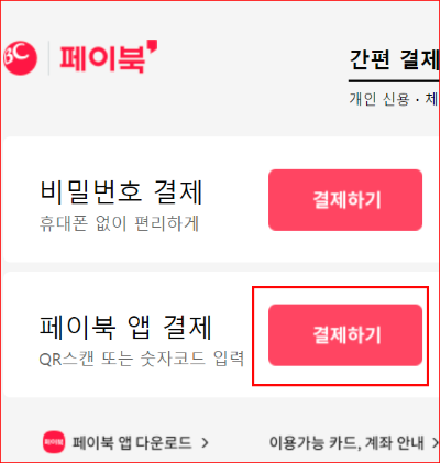 페이북 앱 결제 선택