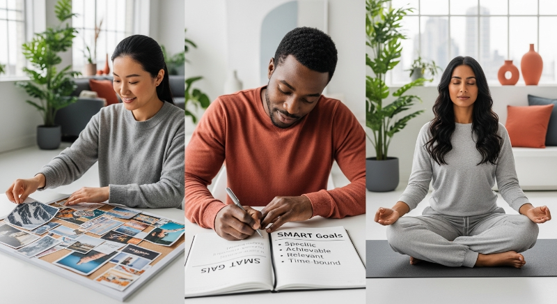 현대인들이 비전 보드와 일기로 목표를 설정하고 명상하는 모습.