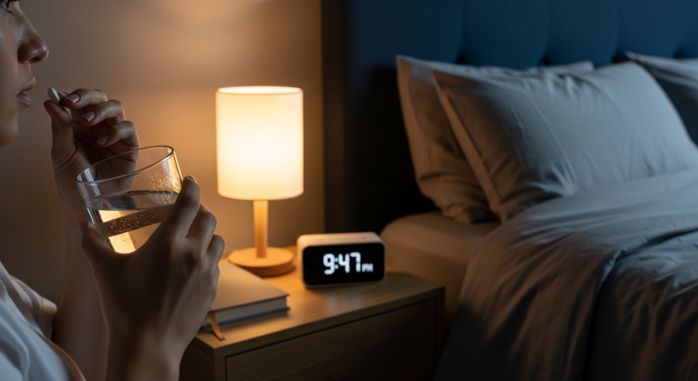 멜라토닌을 올바른 용량과 시간에 맞춰 복용하는 모습을 보여주는 차분한 침실 풍경.