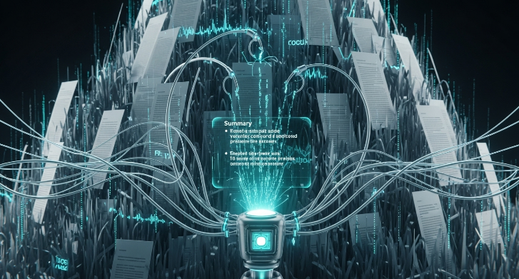 AI 봇이 방대한 강의 자료를 분석하여 핵심 내용을 빠르고 정확하게 요약하는 과정.