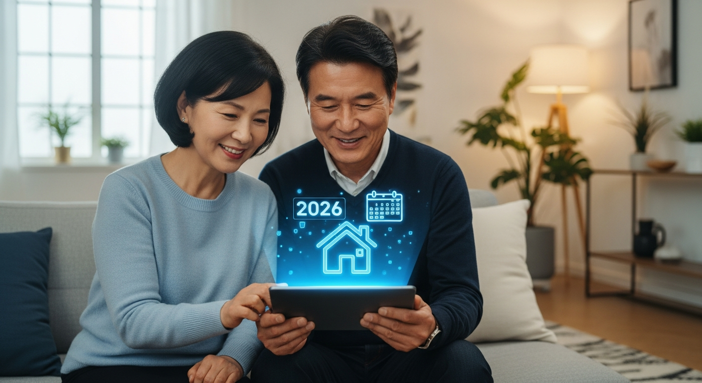 거실에 앉아 태블릿을 보며 미소 짓는 50대 한국인 부부 (검은 머리, 흰머리 없음, 젊어 보이는 중년). 태블릿 화면은 검은색이지만 그 위로 집 아이콘과 '2026' 달력 그래픽이 밝은 파란색 3D 홀로그램으로 떠올라 있음. 고화질, 실사 느낌, 따뜻한 조명.