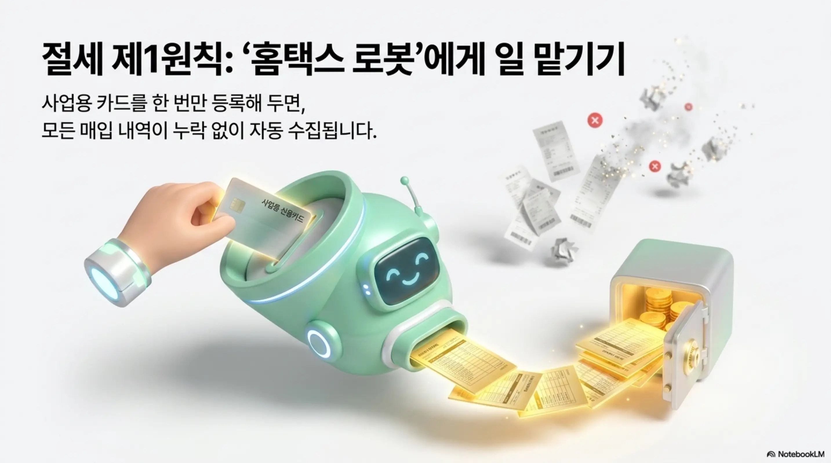 매입세액공제: 절세 제1원칙 홈택스 로봇에게 일 맡기기라는 문구가 포함된 이미지. 사업용 카드를 홈택스 로봇에 등록하면 모든 매입 내역이 누락 없이 자동 수집되는 과정을 시각적으로 전달하며 블로그의 신용카드 매입세액공제 등록 방법 안내를 설명함