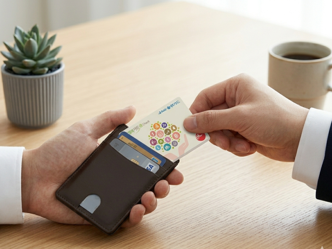 지갑에서 국민행복카드를 꺼내어 결제를 준비하는 모습