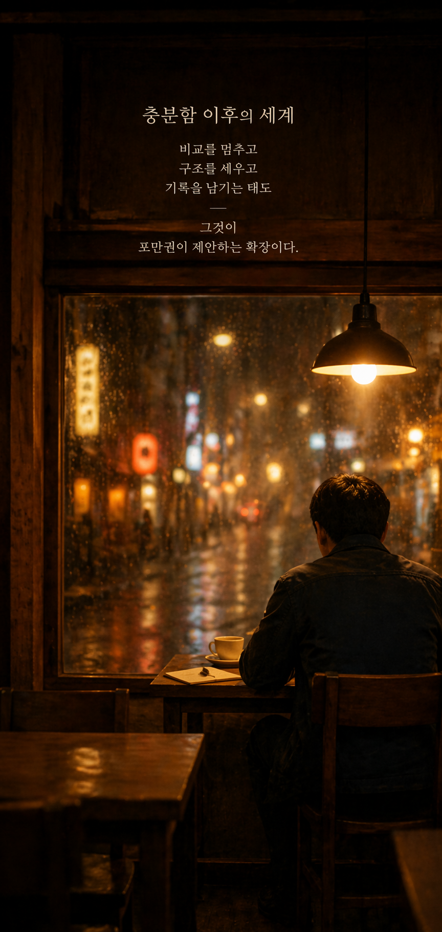 A solitary figure sits in a warm, dimly lit café on a rainy night, pausing over a simple meal and notebook—representing a state of satiety that enables reflection, structure awareness, and deliberate recording beyond reactive behavior.
