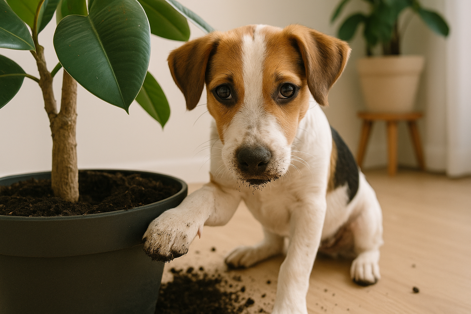 비글 견종 한 마리가 실내 화분의 흙을 파서 먹고 있음.