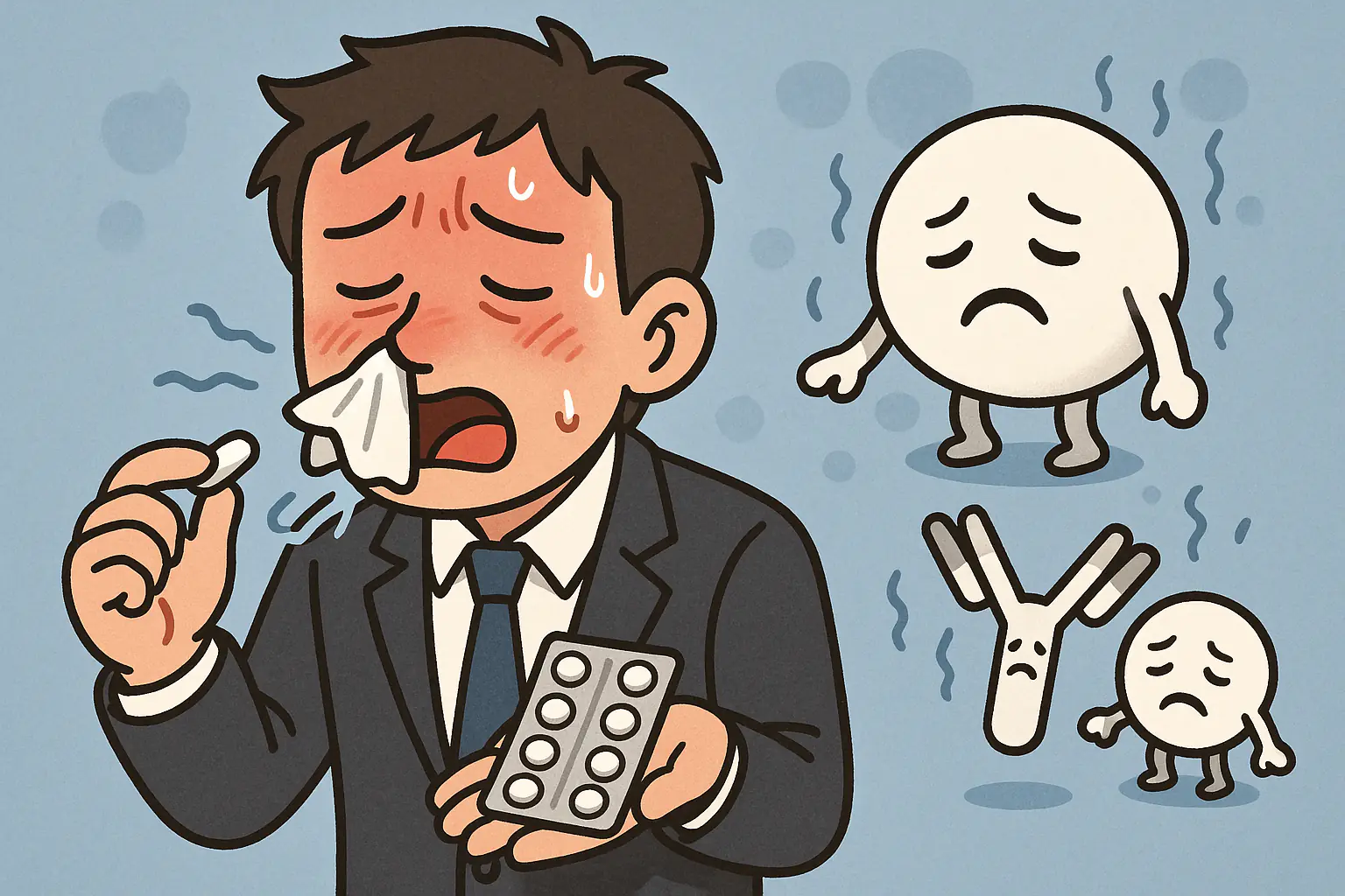 콧물, 기침, 발열로 고생하는 직장인 캐릭터, 반복적으로 약을 먹는 모습, 면역력이 떨어진 백혈구와 항체