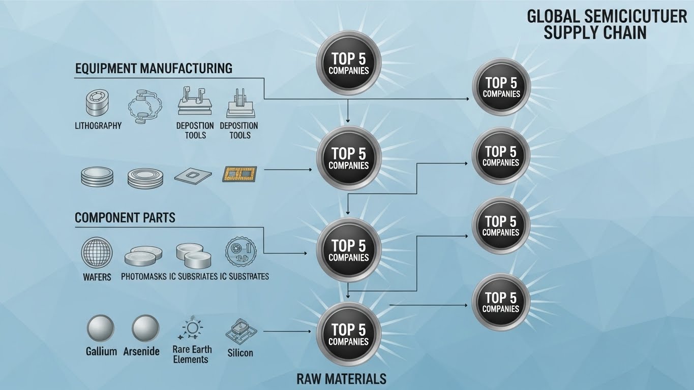 Infographic showing the semiconductor supply chain from materials to parts to equipment, highlighting 'Top 5 Companies' with spotlight effects