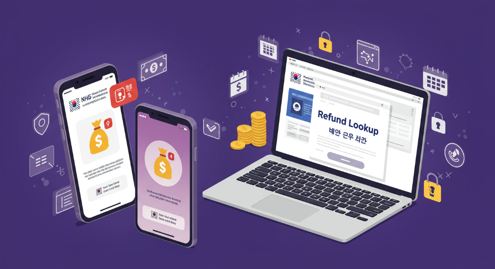 국민건강보험 환급금을 모바일 앱과 PC 홈페이지로 간편하게 조회하고 신청하는 과정을 보여주는 이미지.