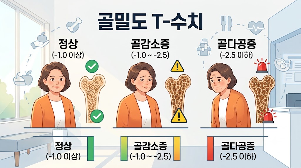 골밀도 T-수치 기준을 시각화한 인포그래픽