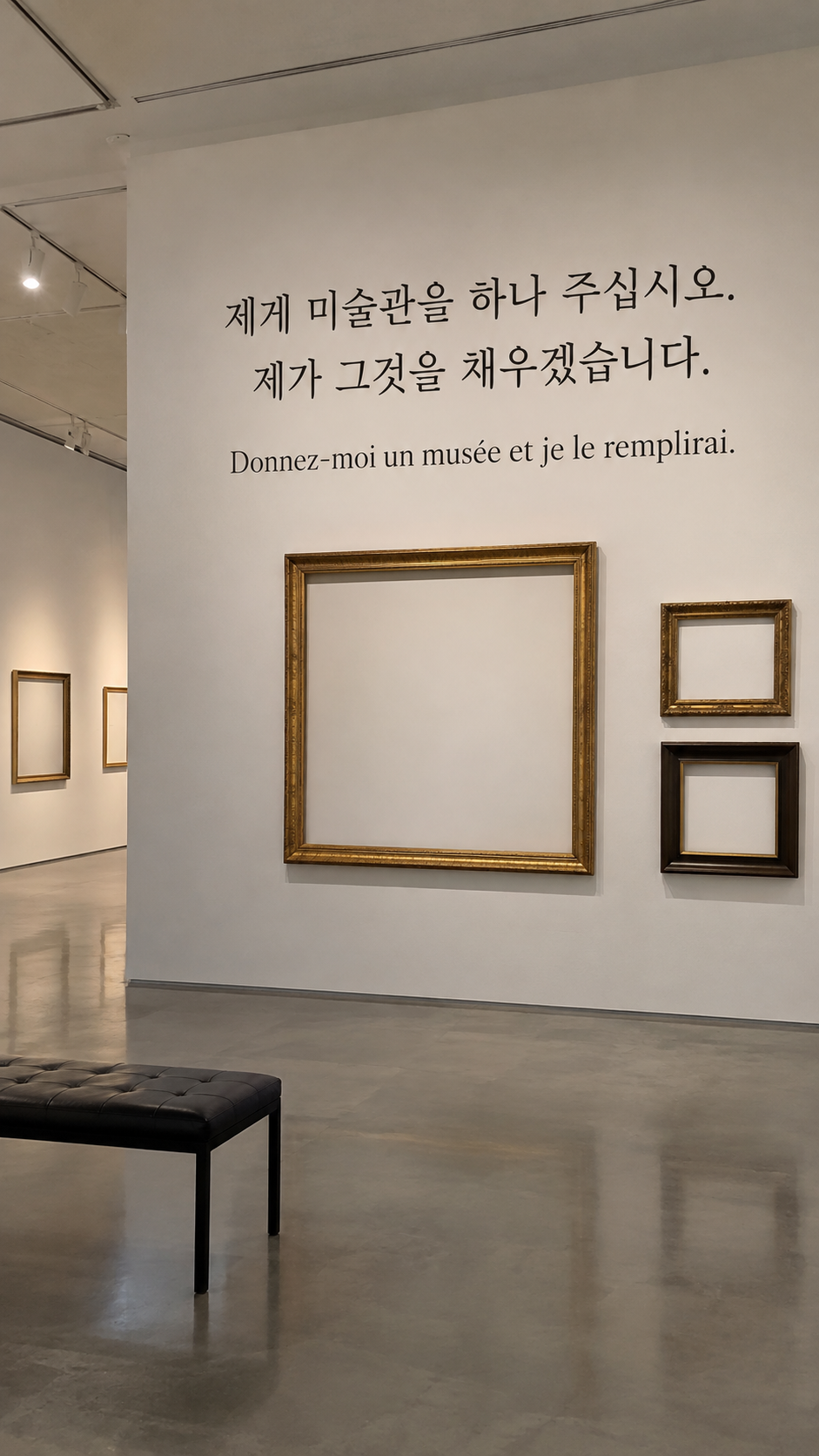 제게 미술관을 하나 주십시오. 제가 그것을 채우겠습니다. &mdash; 현대의 텅 빈 전시실과 여러 크기의 비어 있는 액자, 자연스러운 디지털카메라 사진
