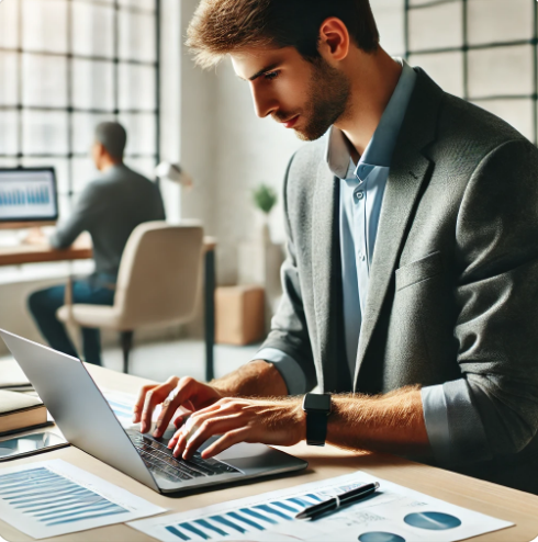 노트북으로 일하는 젊은 남성 이미지