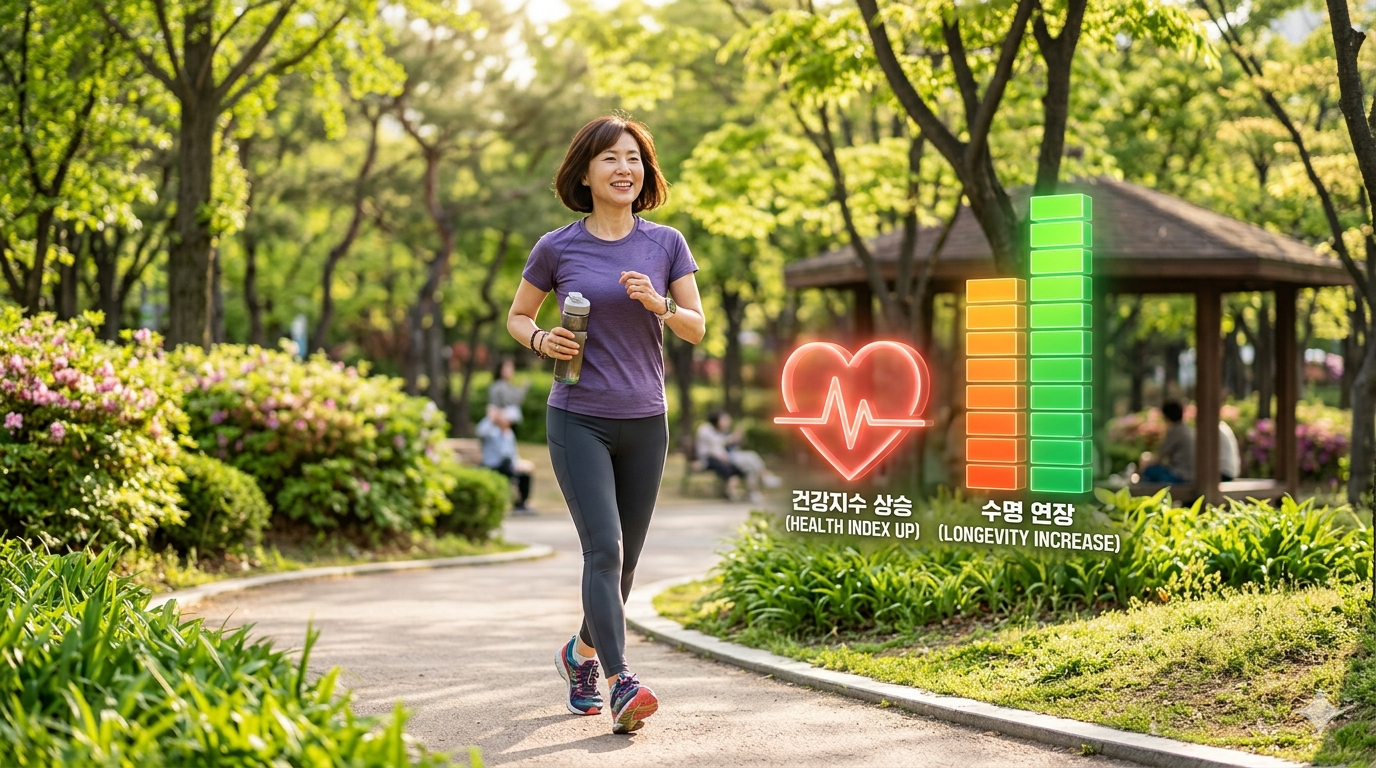 따스한 햇살이 내리쬐는 푸른 공원에서 세련된 운동복 차림의 50대 한국 여성이 활기차게 걷고 있는 모습. 그녀 곁에는 건강한 심장 아이콘과 상승하는 에너지 바가 입체적으로 묘사되어, 규칙적인 신체 활동이 수명을 연장하고 사망 위험을 낮춘다는 것을 시각적으로 강조한 이미지