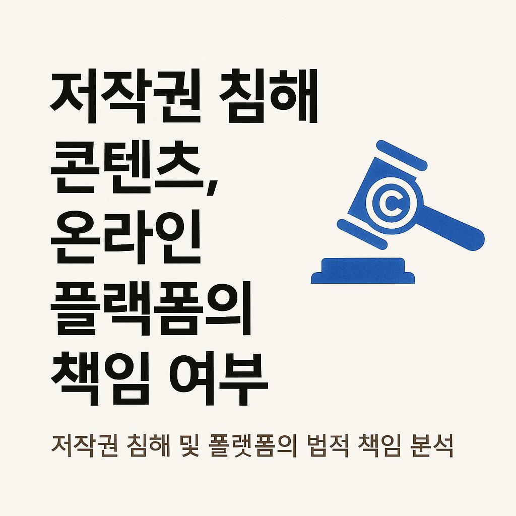 저작권 침해 콘텐츠와 온라인 플랫폼 책임 여부를 설명하는 대표 이미지로, 법적 책임과 판례·제도적 특징을 강조