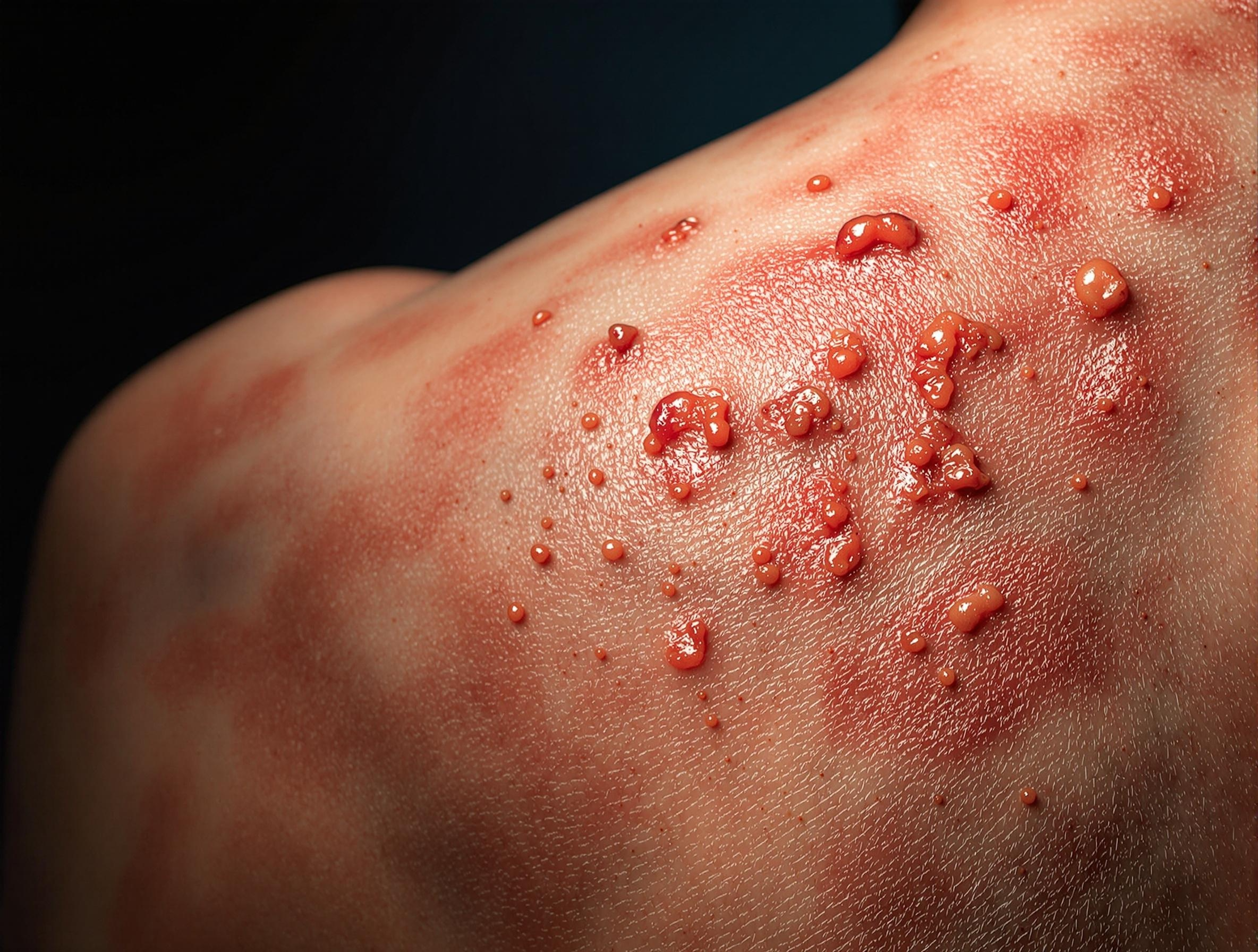 좌측 등에 물집과 발진이 발생한 대상포진 환자 사진.