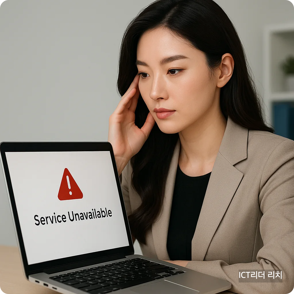 20대 여성 전문가가 &lsquo;Service Unavailable&rsquo; 경고가 뜬 노트북 화면을 응시하는 장면, 전자정부 서비스 접속 불가 상황 표현