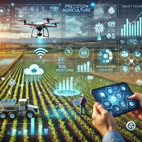 드론이 농경지를 비행하며 데이터를 수집하는 모습
농부가 태블릿&middot;스마트폰으로 토양 수분, 수확량 예측을 확인하는 장면
농장 곳곳에 설치된 센서(IoT) 네트워크(온도&middot;습도&middot;영양소 측정 등)
데이터 분석 대시보드(위성&middot;드론 영상&middot;ML 예측 등)