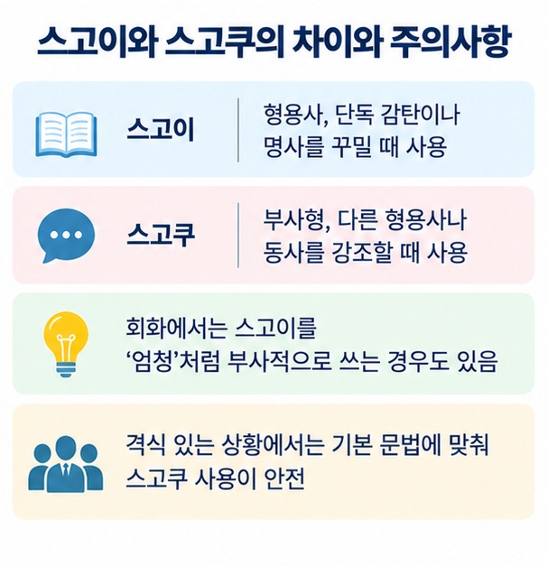 스고이 형용사와 스고쿠 부사형의 차이를 간단한 예문 구조로 비교한 이미지