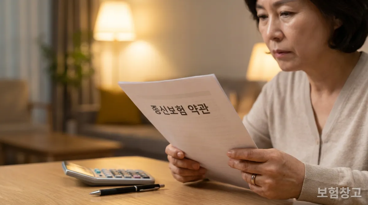 종신보험 약관 서류를 들고 계산기와 펜으로 재정 계획을 세우는 한국 여성의 손