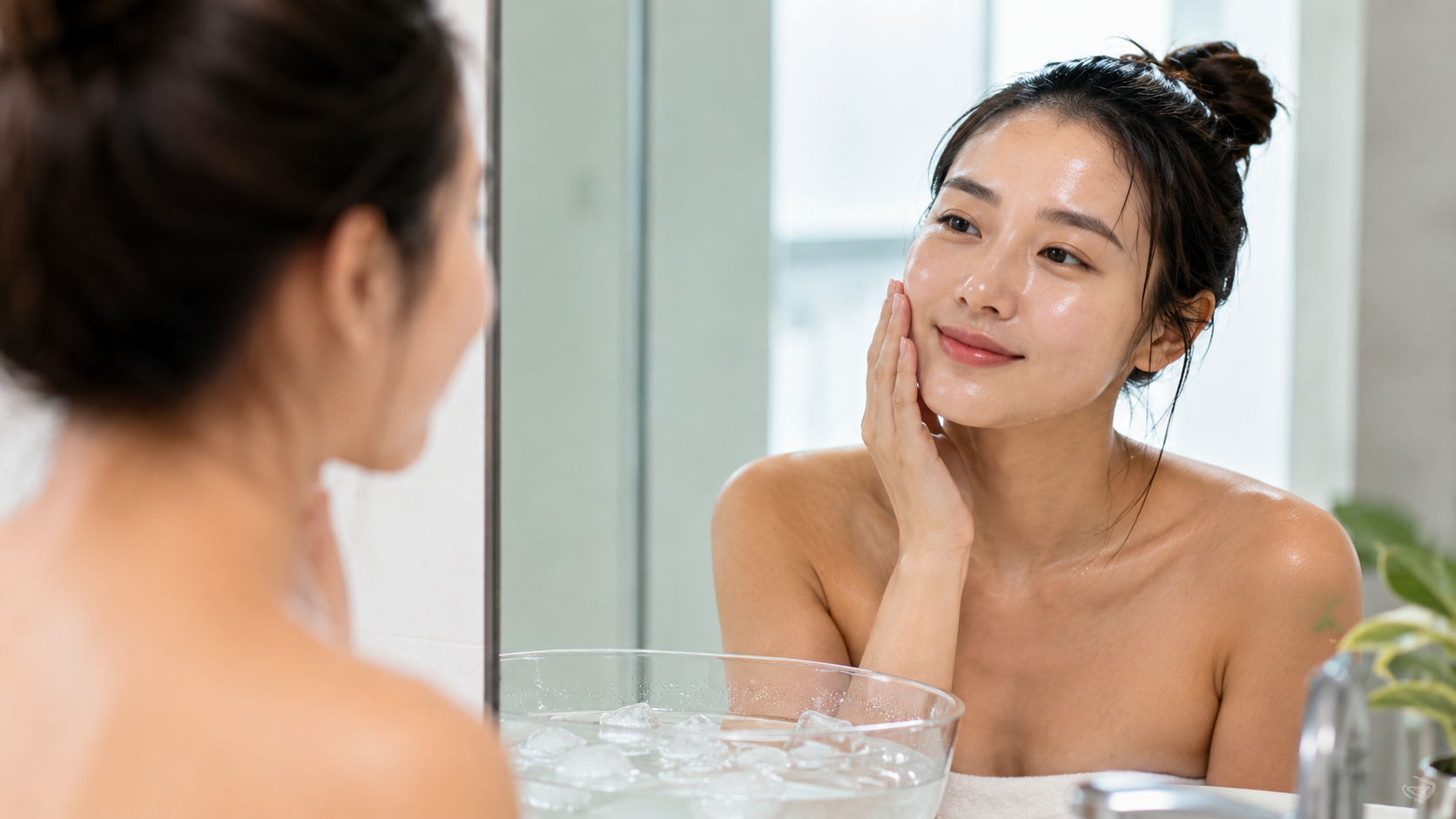 세안 후 피부를 확인하는 여성