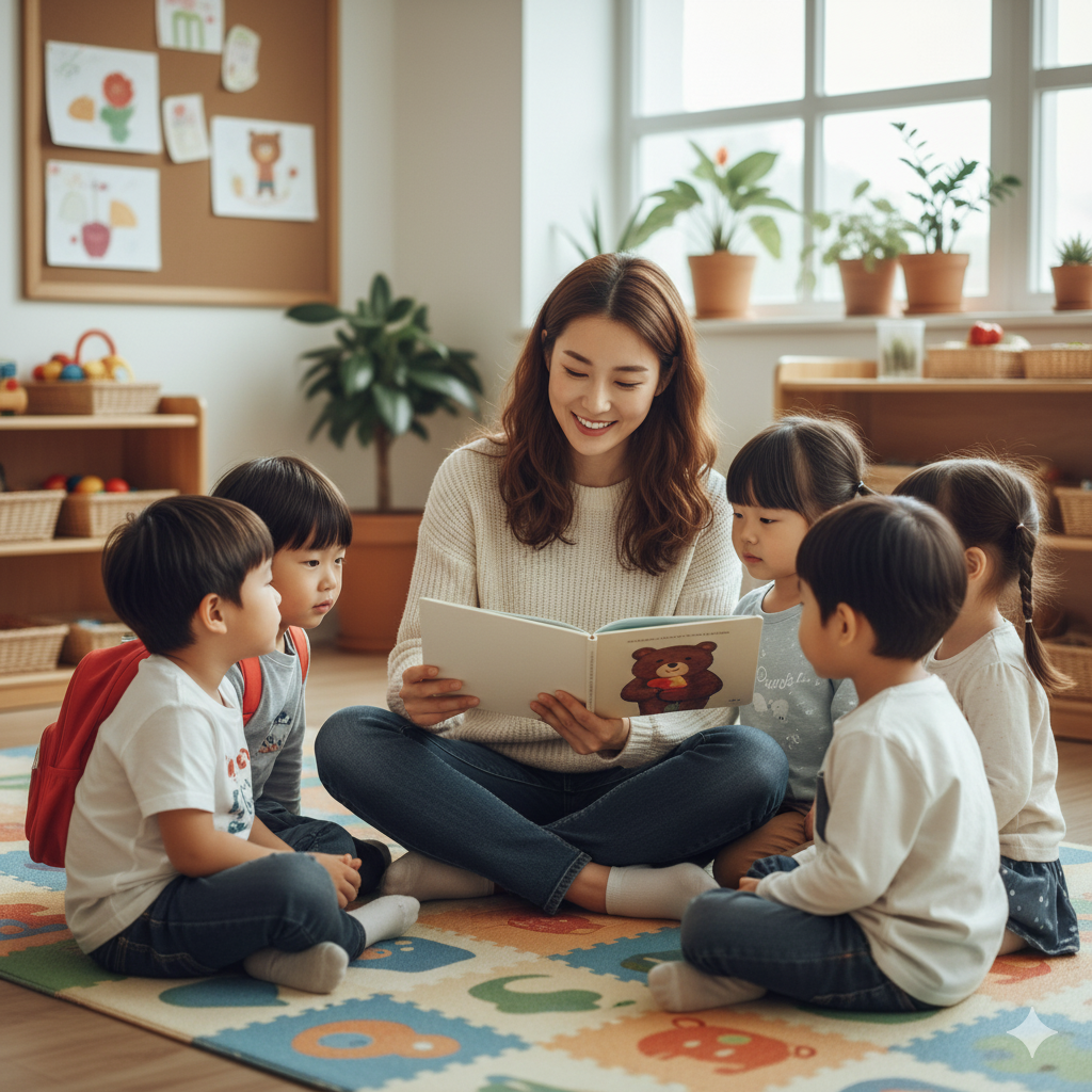 어린이집 선생님이 아이들과 책을 읽고 있다.