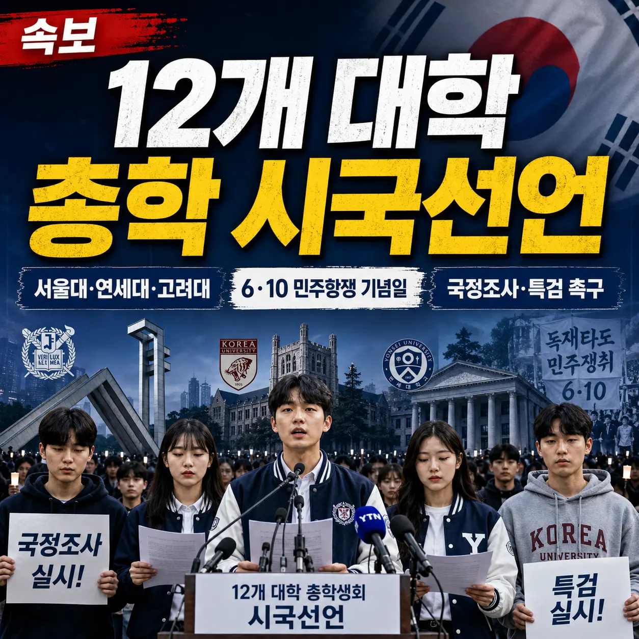 : 12개 대학 총학 내일 시국선언 &mdash; 서울대&middot;연세대&middot;고려대&middot;6&middot;10 민주항쟁 기념일 동시다발&middot;국정조사&middot;특검 촉구 2026