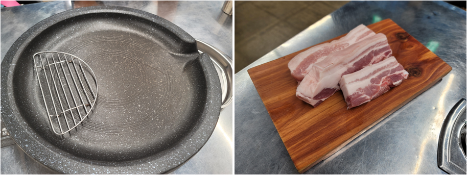 불판과 생삼겹살